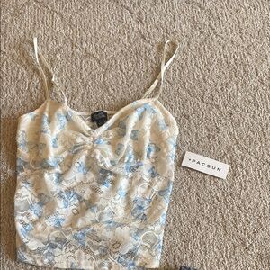 PacSun Women's Cream and Blue Lace Top